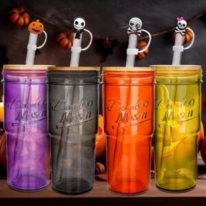 anoiton halloween glass cups with lids and straws, 4 pack - colored tumbler 24 oz iced coffee cups for halloween decorations, home & party decor, perfect halloween gifts for family and friends