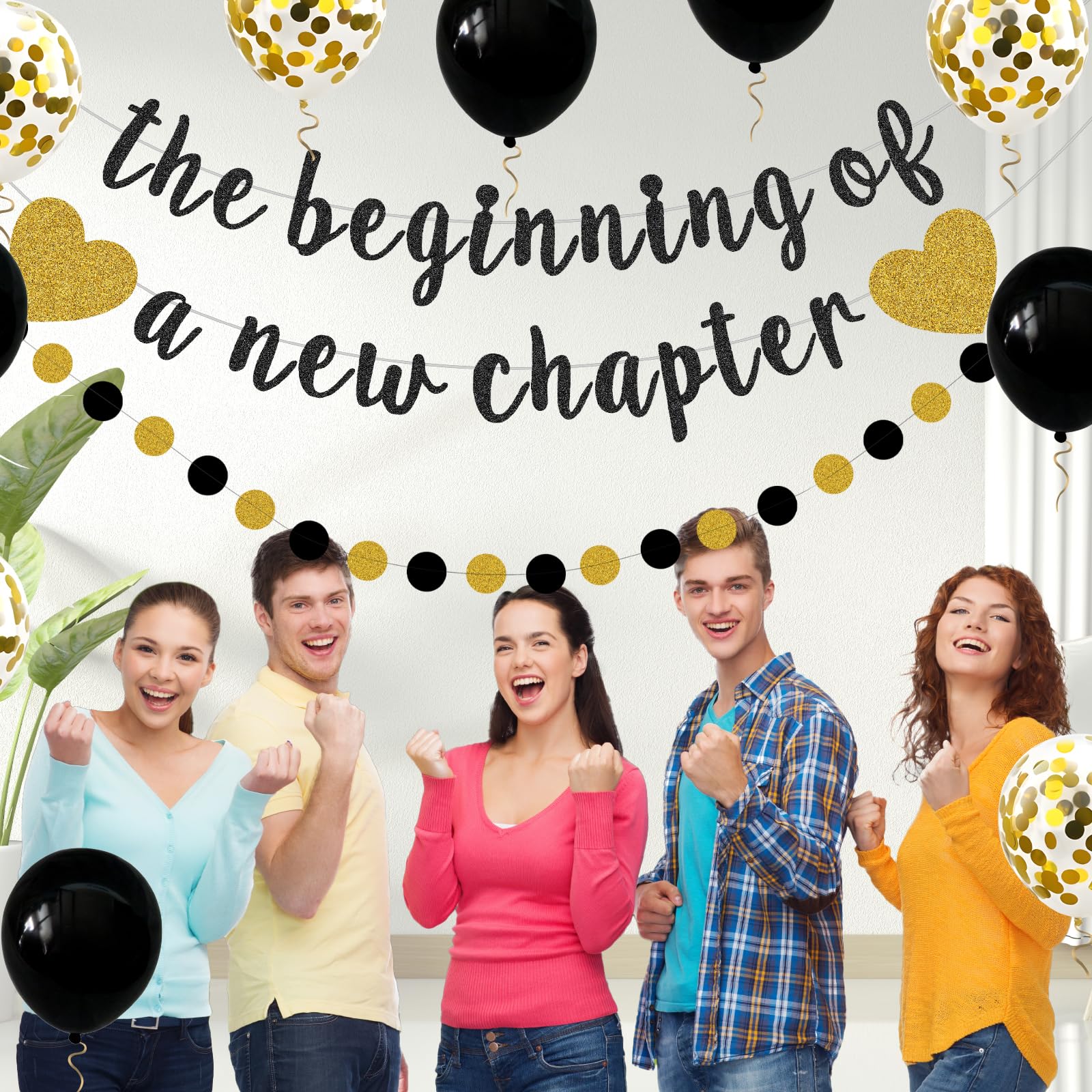 The Beginning of a New Chapter Banner Funny Going Away Party Graduation Happy Retirement Party Decorations Supplies Glitter Black Gold Goodbye Farewell Party Decor for Coworker Friends Graduates