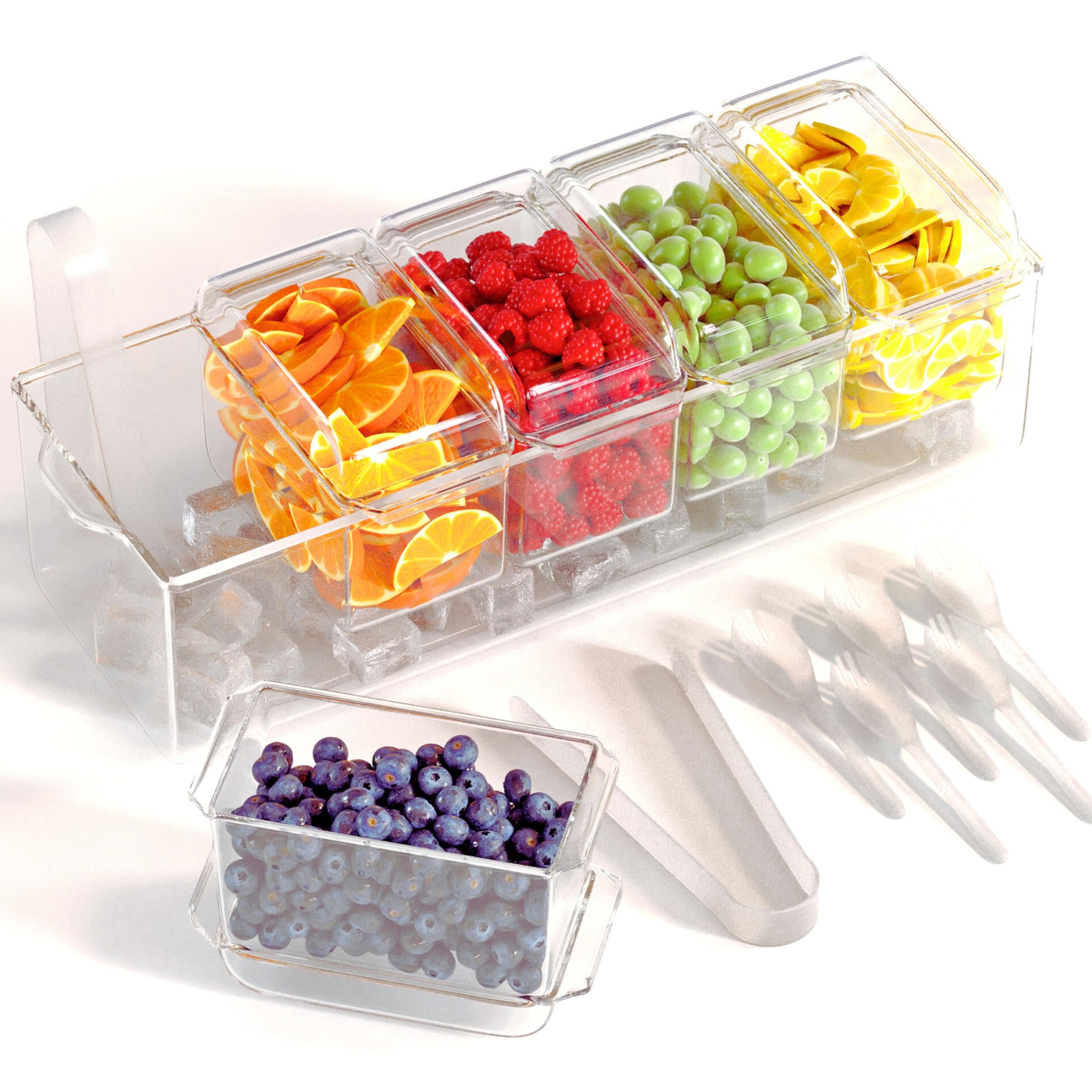 Prime Home Direct Ice Chilled Condiment Caddy | 5 Containers & Lids | Hosting Party Supplies Serving Tray Platter | Buffet, Food Server, Fruit, Garnish, Mimosa, Salad, Taco Bar Accessories Organizer