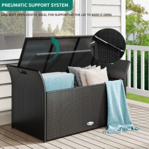 YITAHOME 90 Gallon Outdoor Wicker Storage Bench w/Cushion, Large PE Rattan Deck Storage Box w/Handles & Hydraulics for Patio Furniture, Cushions, Garden Tools, Pool & Sports Equipment, Black&Beige