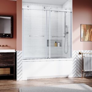 frameless sliding bathtub door 56-60 in.w x 62 in.h,bypass tub glass sliding shower doors,3/8"(10mm) thick clear tempered glass,heavy duty stainless steel hardwares,2pcs rectangle handles,brushed nick