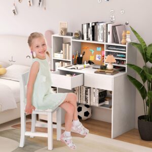 RUPOLX Childrens Computer Desk with 4 Drawers, White Kids Desk and Chair Set for 5-12 Year Old,Kids Study Table with Storage Shelf-TMTt9J