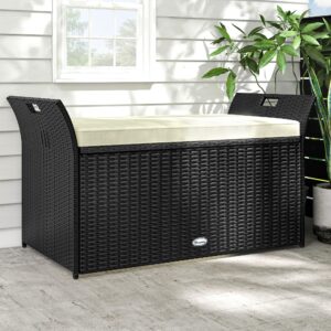 yitahome 90 gallon outdoor wicker storage bench w/cushion, large pe rattan deck storage box w/handles & hydraulics for patio furniture, cushions, garden tools, pool & sports equipment, black&beige