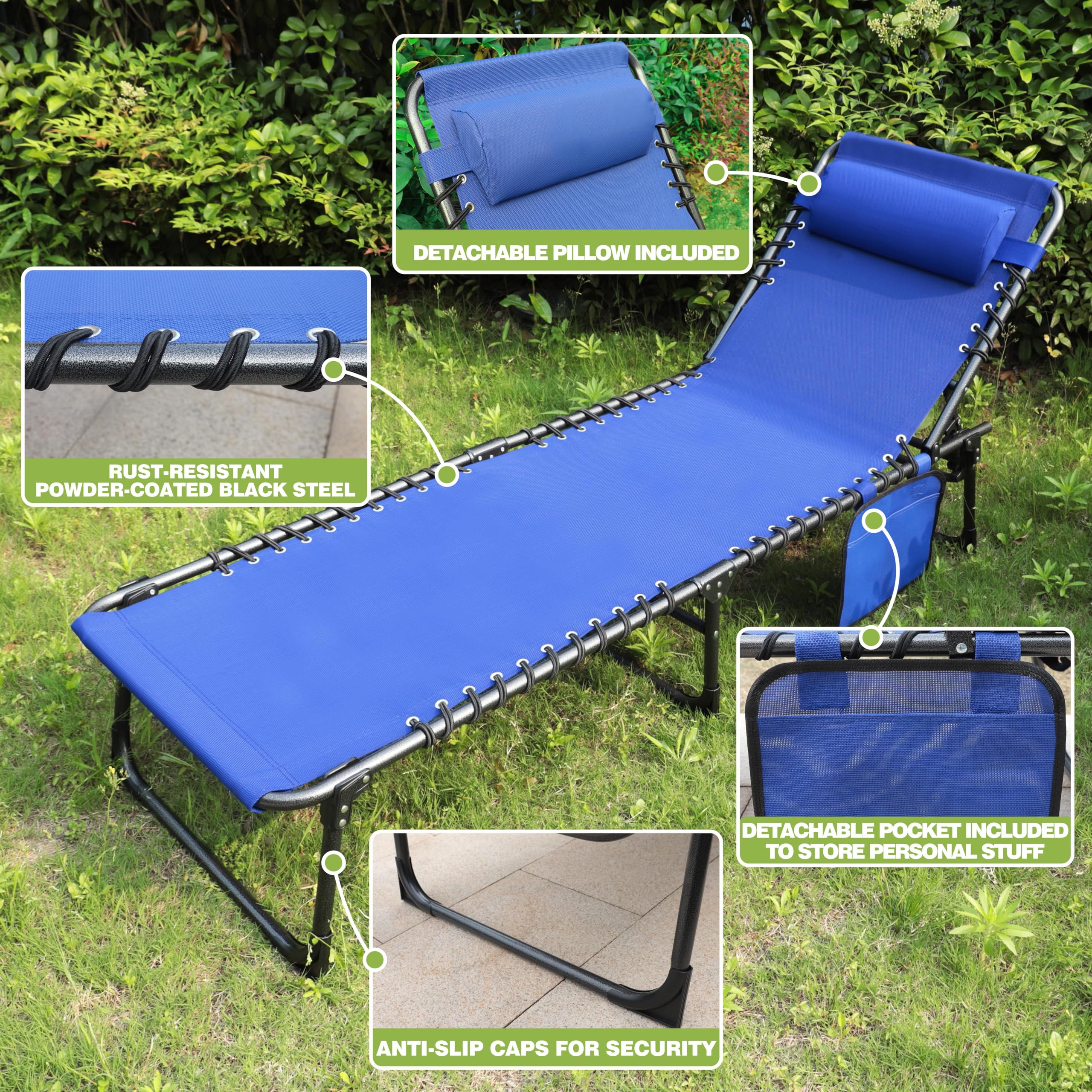 Yardenaler Outdoor Foldable Chaise Lounge Chair with Detachable Pillow & Pocket, Portable Tanning Chair with 4 Position Adjustable Back, Patio, Beach and Pool, Blue