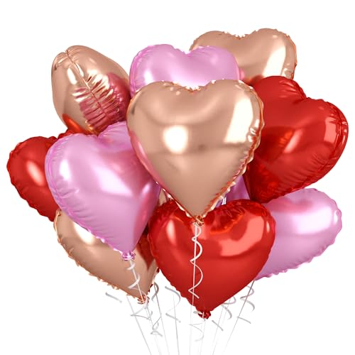 Rose Gold and Pink Heart Balloons, 18 Inch Red Pink Heart Shape Balloons Foil, 10 Pcs Red Light Pink Heart Balloon for Girls Women Valentines Day Birthday Wedding Baby Shower Bridal Party Decorations