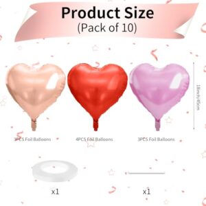 Rose Gold and Pink Heart Balloons, 18 Inch Red Pink Heart Shape Balloons Foil, 10 Pcs Red Light Pink Heart Balloon for Girls Women Valentines Day Birthday Wedding Baby Shower Bridal Party Decorations