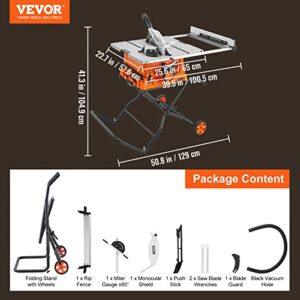 VEVOR Table Saw with Stand, 10-inch 15-Amp, 25-in Max Rip Capacity, Cutting Speed up to 5000RPM, 40T Blade, Portable Compact Jobsite Tablesaw w/Sliding Miter Gauge for Woodworking & Furniture Making