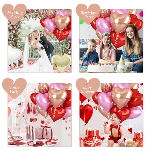 Rose Gold and Pink Heart Balloons, 18 Inch Red Pink Heart Shape Balloons Foil, 10 Pcs Red Light Pink Heart Balloon for Girls Women Valentines Day Birthday Wedding Baby Shower Bridal Party Decorations