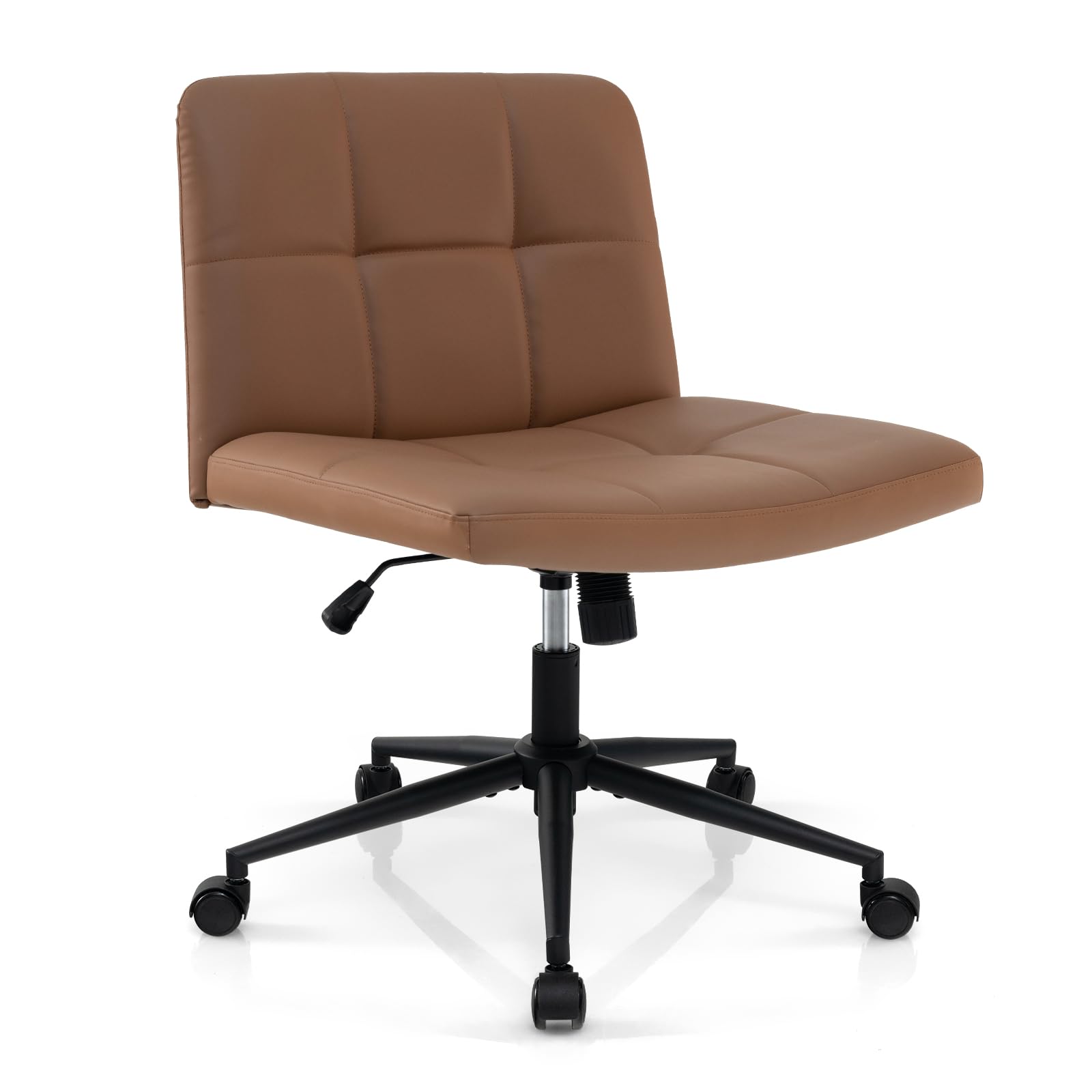 Giantex Criss Cross Chair with Wheels, PU Leather Cross Legged Office Chair, Height-Adjustable Swivel Vanity Chair with U-Shaped Seat, Armless Wide Desk Chair for Home, Office, Make Up, Brown