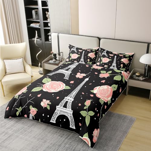 Erosebridal 100% Natural Cotton Eiffel Tower Bedding Set for Adults Men Women,Pink Floral Duvet Cover,Paris Cityscape Printed Comforter Cover,French Building Quilt Cover,Bedroom Decor Queen Size