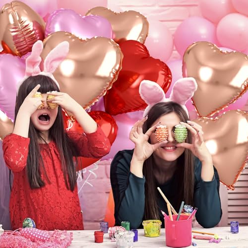 Rose Gold and Pink Heart Balloons, 18 Inch Red Pink Heart Shape Balloons Foil, 10 Pcs Red Light Pink Heart Balloon for Girls Women Valentines Day Birthday Wedding Baby Shower Bridal Party Decorations