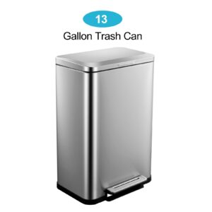 GarveeHome Brushed Stainless 50 Liter/13.2 Gallon Step Trash Can with Inner Liner, Fingerprint Resistant Finish, Soft Close, Rectangular