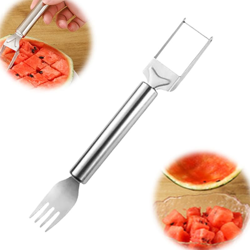 2024 New 2-in-1 Stainless Steel Fruit Cutter, Cube Cutter Watermelon Fork Slicer Cutter Slicer Tool Fruit Knife Dual Head Fruit Forks Cutter for Summer Home Kitchen Gadget (1PCS)