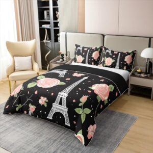 Erosebridal 100% Natural Cotton Eiffel Tower Bedding Set for Adults Men Women,Pink Floral Duvet Cover,Paris Cityscape Printed Comforter Cover,French Building Quilt Cover,Bedroom Decor Queen Size