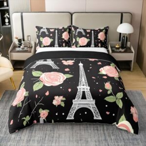 erosebridal 100% natural cotton eiffel tower bedding set for adults men women,pink floral duvet cover,paris cityscape printed comforter cover,french building quilt cover,bedroom decor queen size