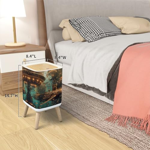 PHAIBHKERP Trash Can with Lid Fish Brass Subs A Undersea Poster Garbage Can Rectangular Waste Bin Press Cover Dog Proof Wastebasket for Kitchen Bathroom Living Room Nursery