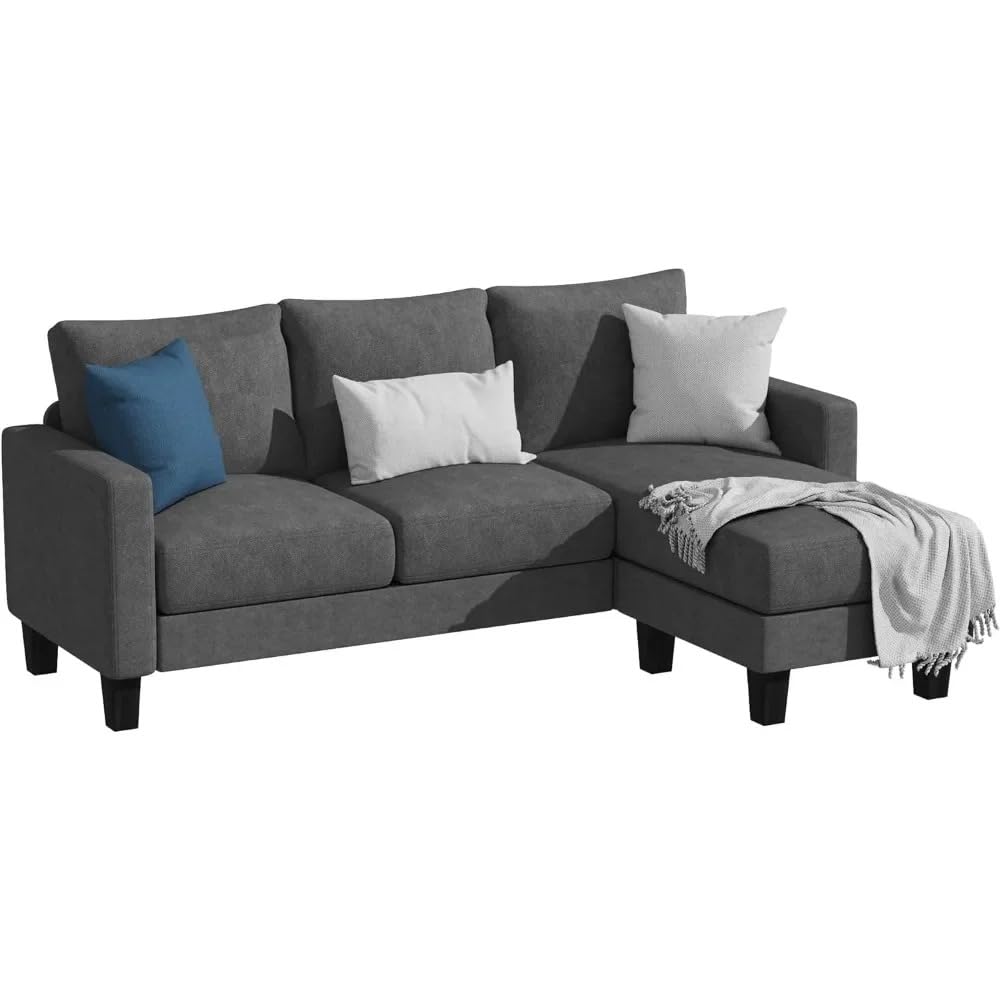 Generic NEW Mr Bedroom L-Shaped Sectional Sofa Couch with Chaise Lounge and Ottoman, Linen Fabric, Soft Seating for Living Room, Office, Dark Gray