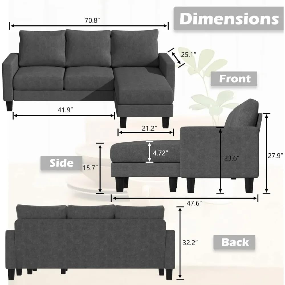 Generic NEW Mr Bedroom L-Shaped Sectional Sofa Couch with Chaise Lounge and Ottoman, Linen Fabric, Soft Seating for Living Room, Office, Dark Gray