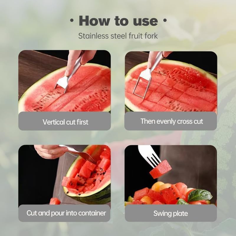 2024 New 2-in-1 Stainless Steel Fruit Cutter, Cube Cutter Watermelon Fork Slicer Cutter Slicer Tool Fruit Knife Dual Head Fruit Forks Cutter for Summer Home Kitchen Gadget (1PCS)