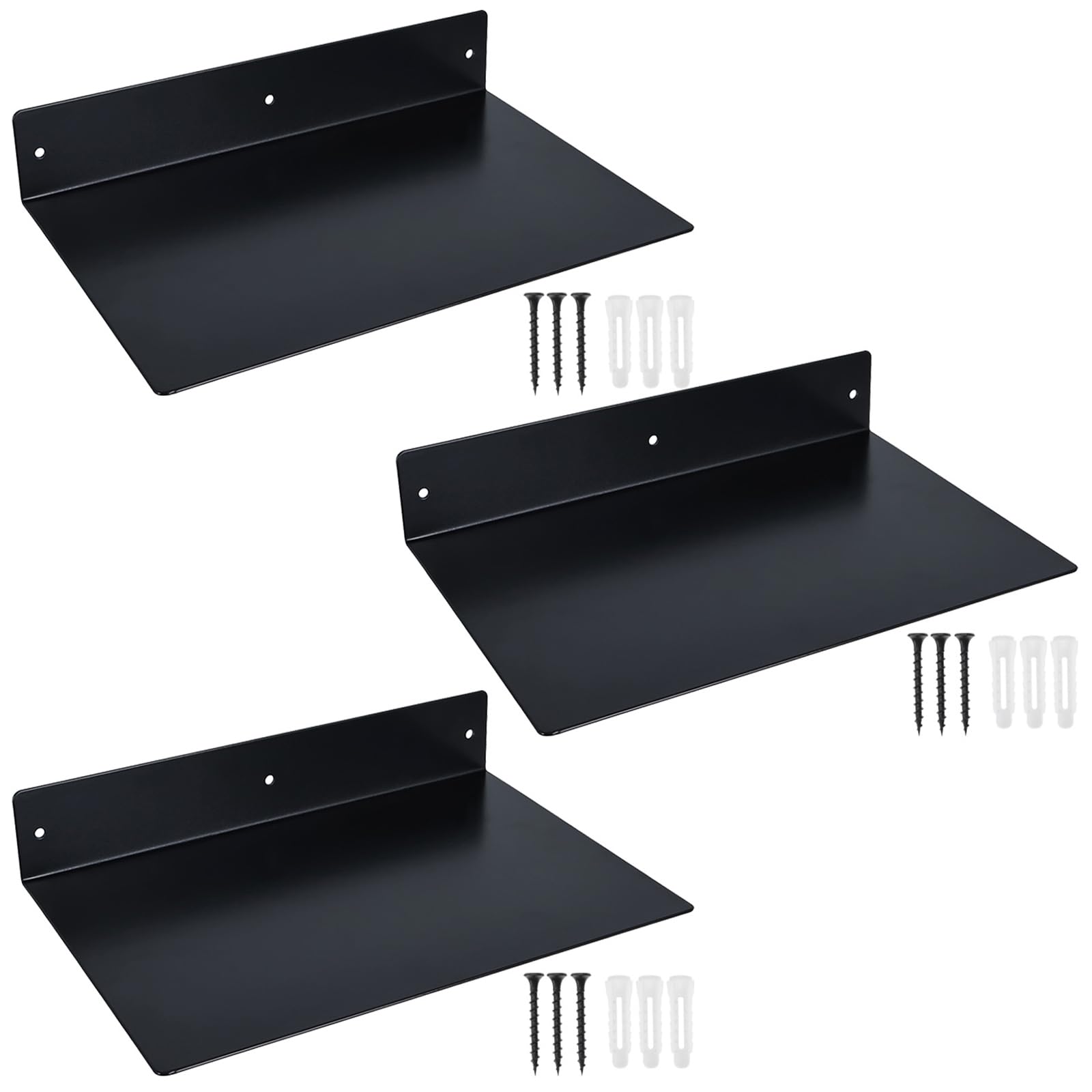 RealPlus Metal Floating Shelf Wall Mounted (12 inch x 8 inch) Heavy Duty Industrial Modern Steel Display Shelves, Black (Pack of 3)