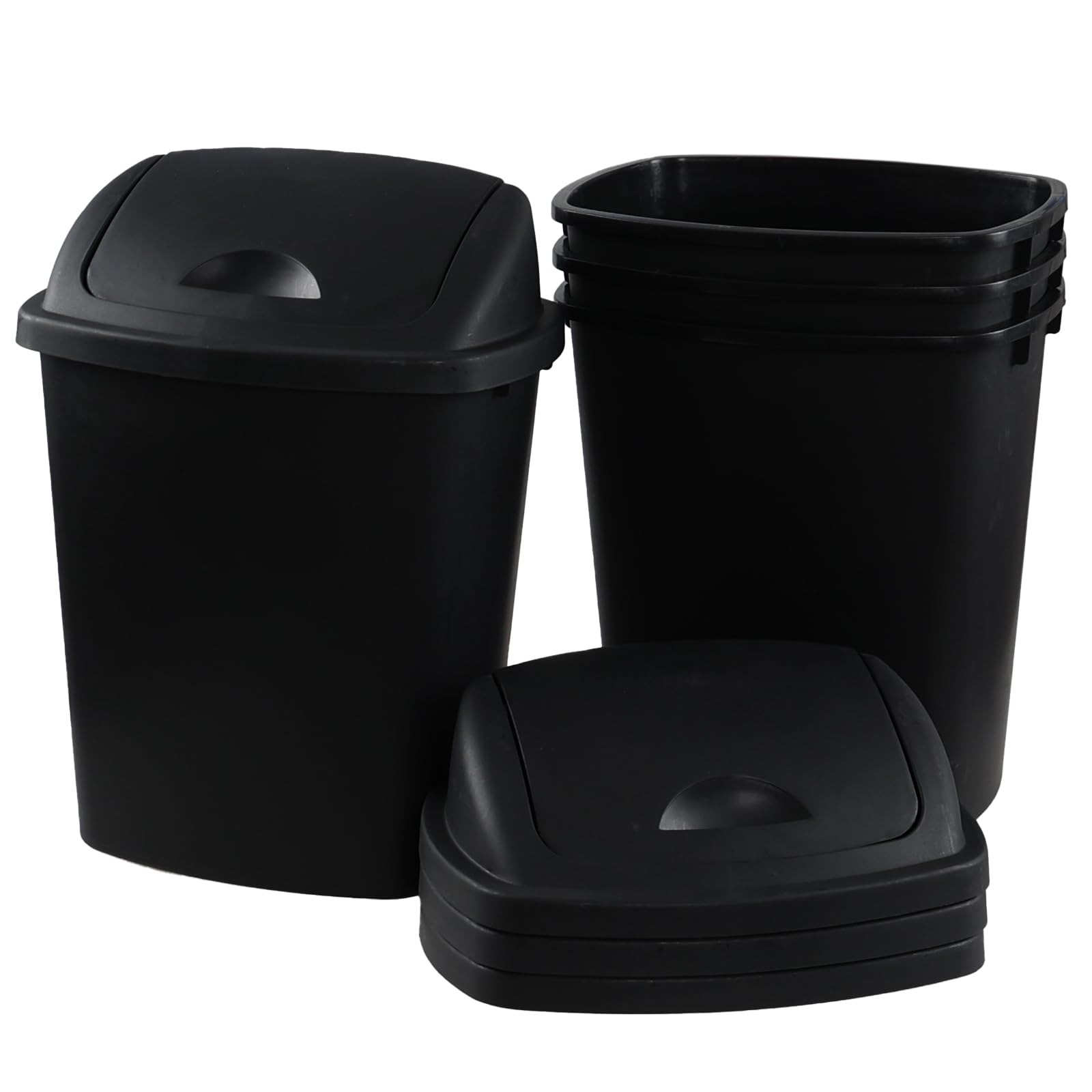 Bringer 6 Gallon Swing Top Trash Can, Plastic Garbage Can with Swing-Lid, Black, 4-Pack