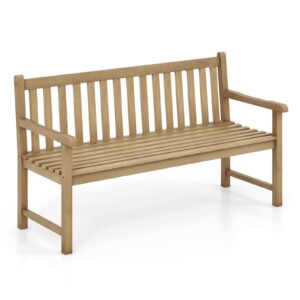 tangkula 62" outdoor teak wood bench, 3-person garden patio bench with backrest, armrests and slatted seat, porch bench for yard, lawn, deck and entryway