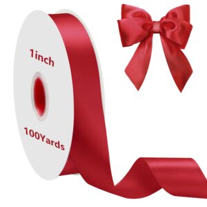 red ribbon 1 inch, 100 yards red satin ribbon, polyester glossy ribbon roll for diy flower bouquet, craft fabric ribbon for gift wrapping, bow making, wedding and party decoration