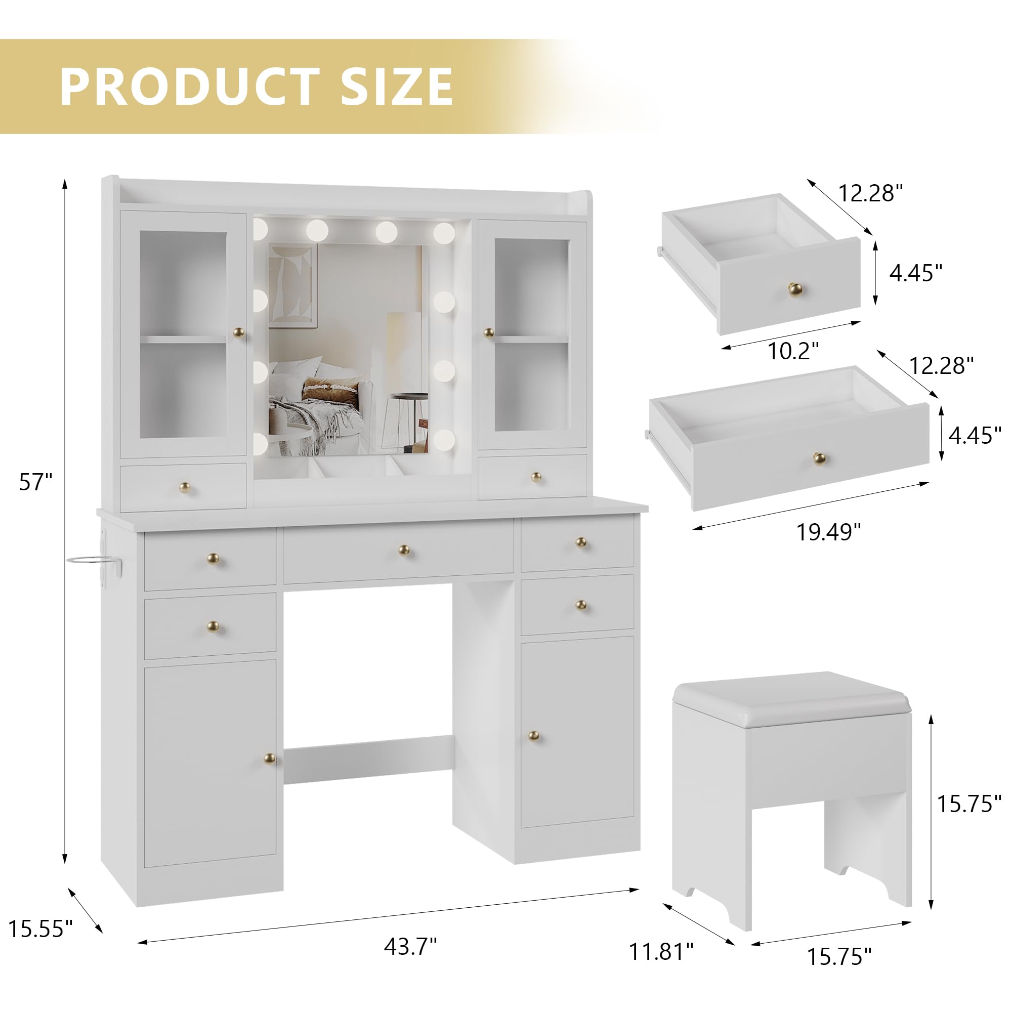 Makeup Vanity Desk with Mirror and Lights, White Vanity Table Set with Storage Drawers, Charging Station, Cabinets & Chair, Large Dressing Table with RGB Ambient Light for Women Girls Bedroom Bathroom