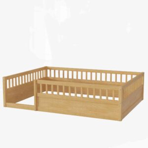 ATY Wooden Full Size Floor Bed with Fence, Wood Slat Support Bedframe for Kids, Toddlers, Easy Assemble & Space Saving Design, Natural