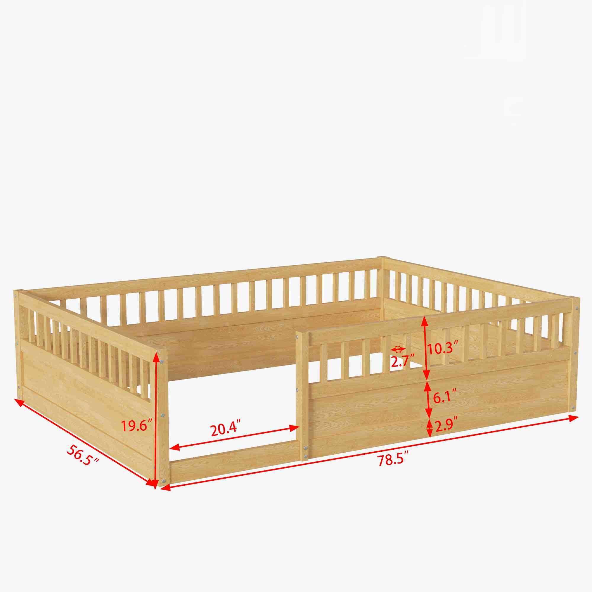 ATY Wooden Full Size Floor Bed with Fence, Wood Slat Support Bedframe for Kids, Toddlers, Easy Assemble & Space Saving Design, Natural