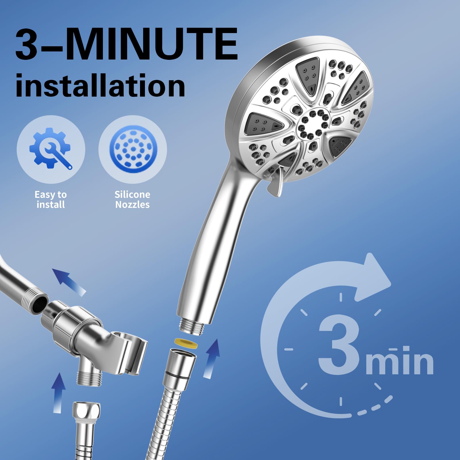 Shower Head, High Water Pressure Handheld Showerhead With 5 ft Stainless Steel Hose and Adjustable Bracket Combo, 8 Mode Hand Heads Can Power Wash to Dathroom, Tub, Corner, Tile