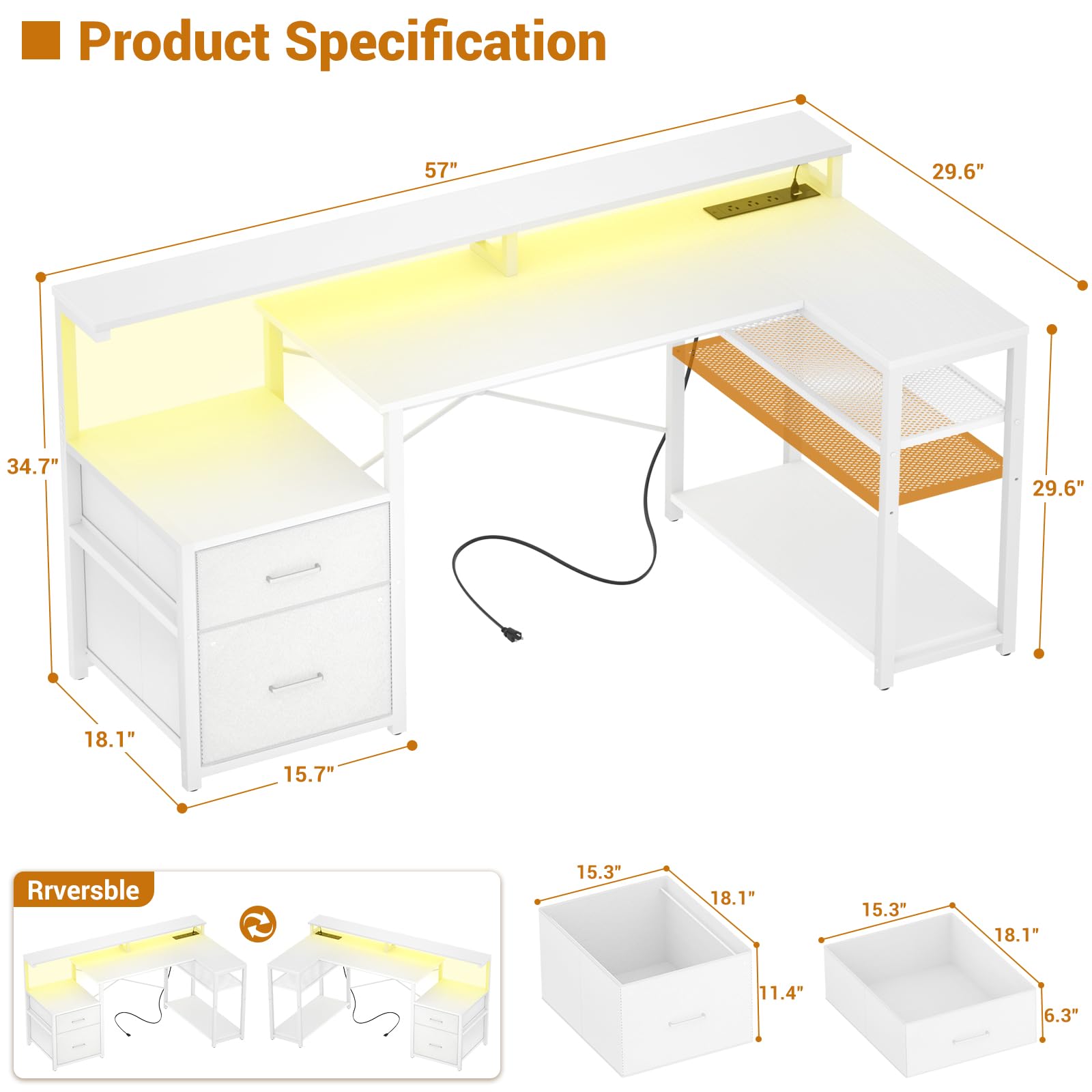 Aheaplus L Shaped Desk with File Drawer, Reversible L Shaped Computer Desk Gaming Desk with Power Outlet & LED Strip, Home Office Desk with Monitor Shelf, Corner Desk with Storage Shelves, White