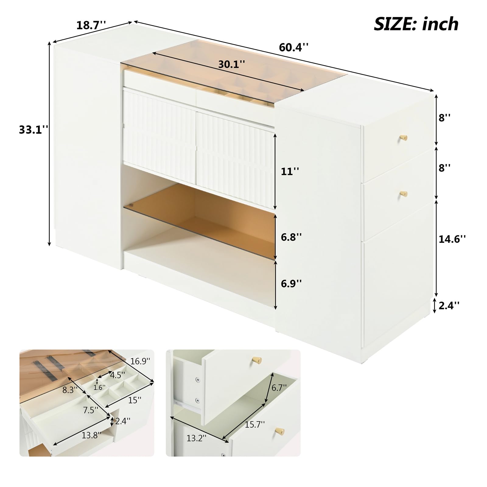 MATONELL Modern Luxury Multi-Functional Island Vanity Dresser and Storage Cabinet with Glass Tabletop, Display Shelf,6 Drawers for Walk-in-Wardrobe and Bedroom