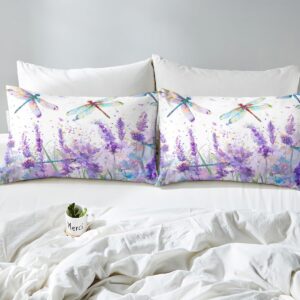 Feelyou Kids Twin Dragonfly Bedding Set Purple Lavender Duvet Cover Floral Dragonfly Comforter Cover for Kids Boys Girls Botanical Bedspread Cover Adult Bedroom Decor Zipper (No Comforter)