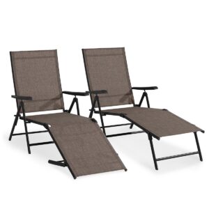 mixpatio outdoor loungers (set of 2), folding textile loungers for patio, adjustable loungers with armrests for beach pool patio, brown