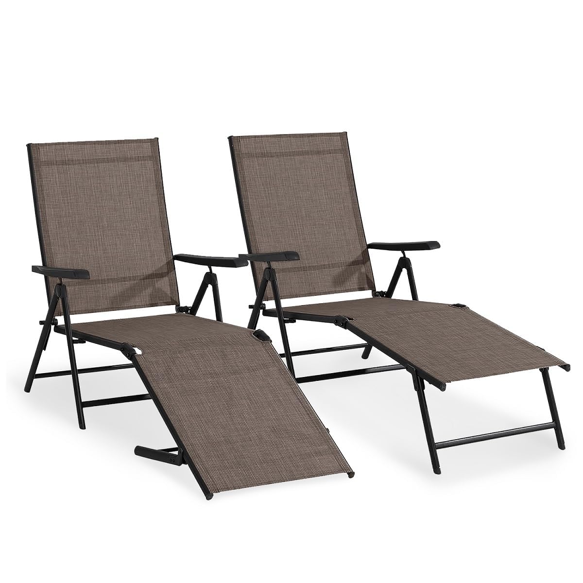 MIXPATIO Outdoor Loungers (Set of 2), Folding Textile Loungers for Patio, Adjustable Loungers with Armrests for Beach Pool Patio, Brown