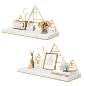 homode floating shelves, set of 2 mountain shelves wall decor, metal and wood hanging shelves woodland bookshelf for nursery, kids room, bathroom, bedroom, white and gold