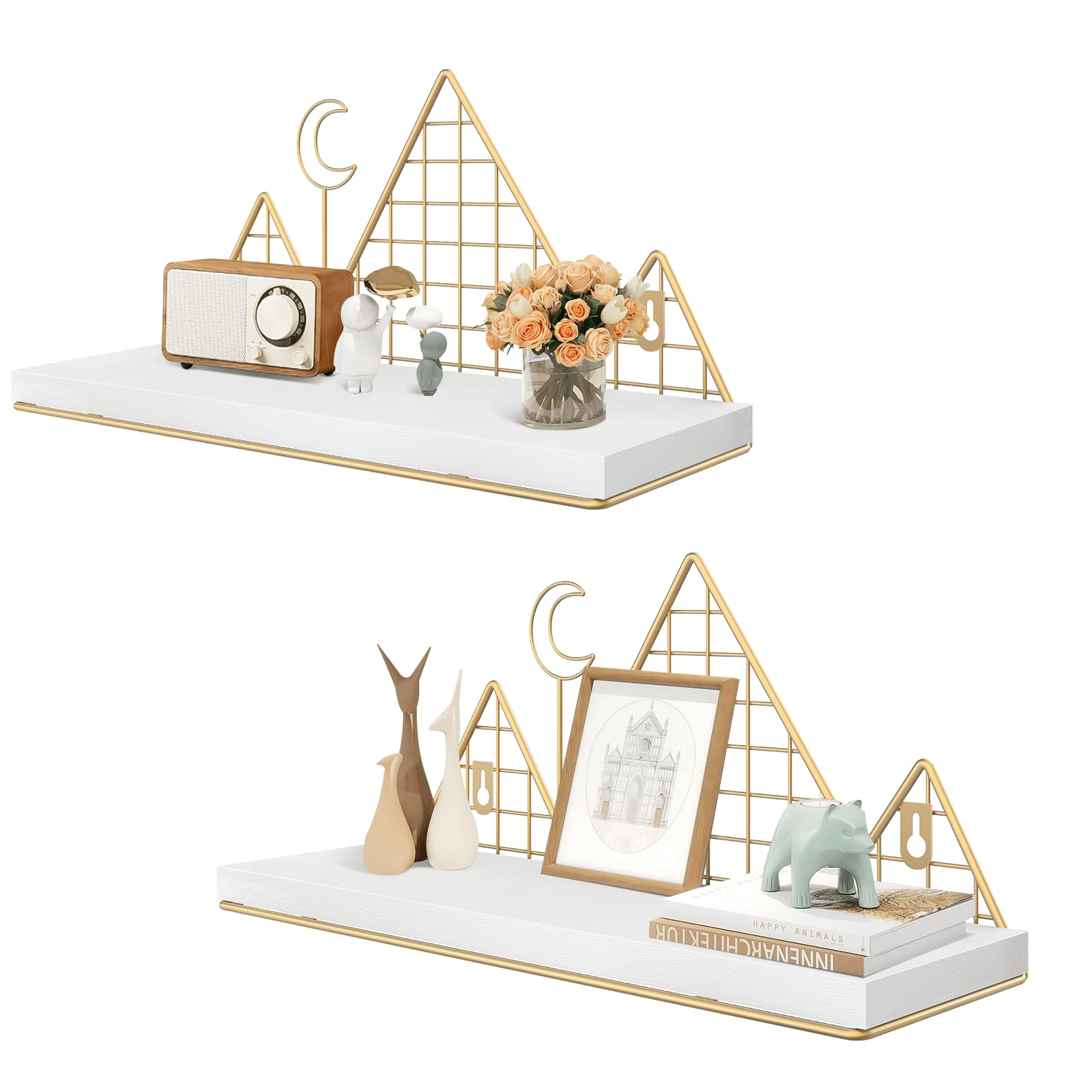 Homode Floating Shelves, Set of 2 Mountain Shelves Wall Decor, Metal and Wood Hanging Shelves Woodland Bookshelf for Nursery, Kids Room, Bathroom, Bedroom, White and Gold