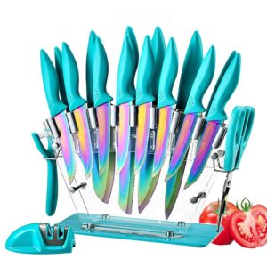 knife set 18 pcs stainless steel knives set with acrylic storage block sharpener sharp cutlery kitchen knife block set chef cooking cutting knives teal turquoise blue