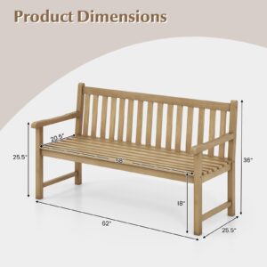 Tangkula 62" Outdoor Teak Wood Bench, 3-Person Garden Patio Bench with Backrest, Armrests and Slatted Seat, Porch Bench for Yard, Lawn, Deck and Entryway