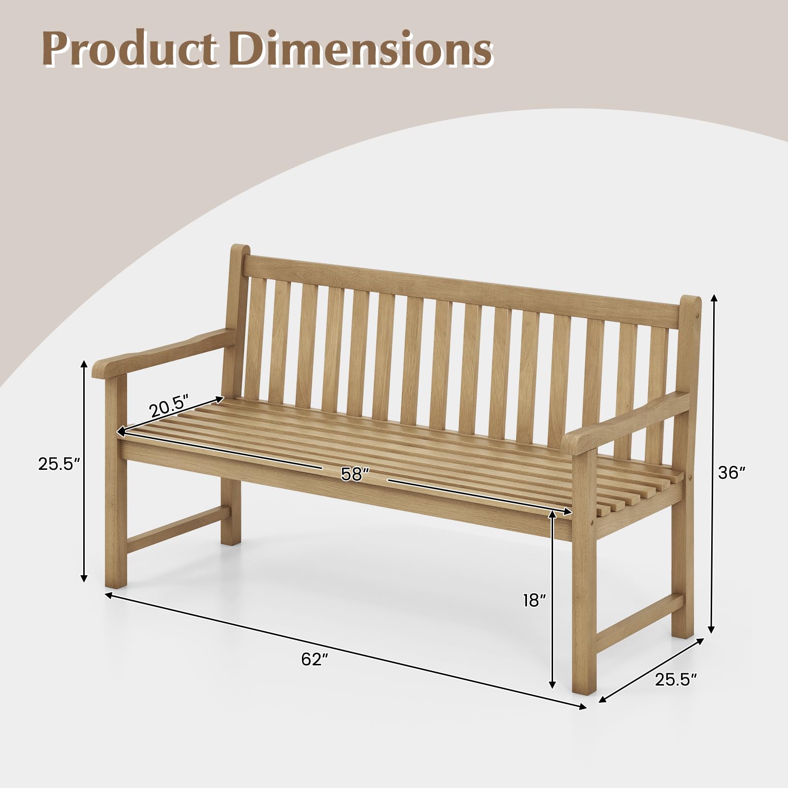 Tangkula 62" Outdoor Teak Wood Bench, 3-Person Garden Patio Bench with Backrest, Armrests and Slatted Seat, Porch Bench for Yard, Lawn, Deck and Entryway