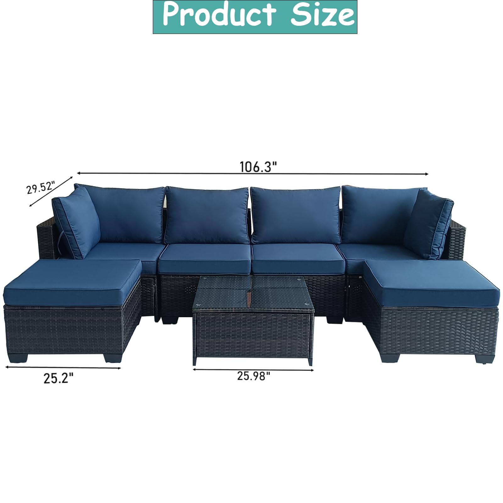 7-Piece Outdoor Furniture Patio Rattan Sectional Set with Wicker Conversation Sofas,Include Cushions, Coffee Table,Easy to Assemble,Perfect for Backyard, Porch, Garden, and Balcony (Brown-Dark Blue)