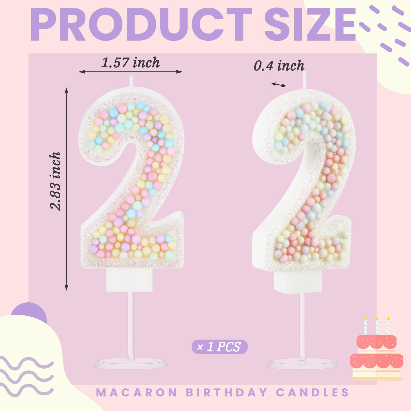 MTLEE Number 2 Candle Pastel Birthday Candle Macaron Glitter 3D Rainbow Number Candle Cake Topper for Girl Boy Birthday Wedding Anniversary Sweet Theme Party Decorations