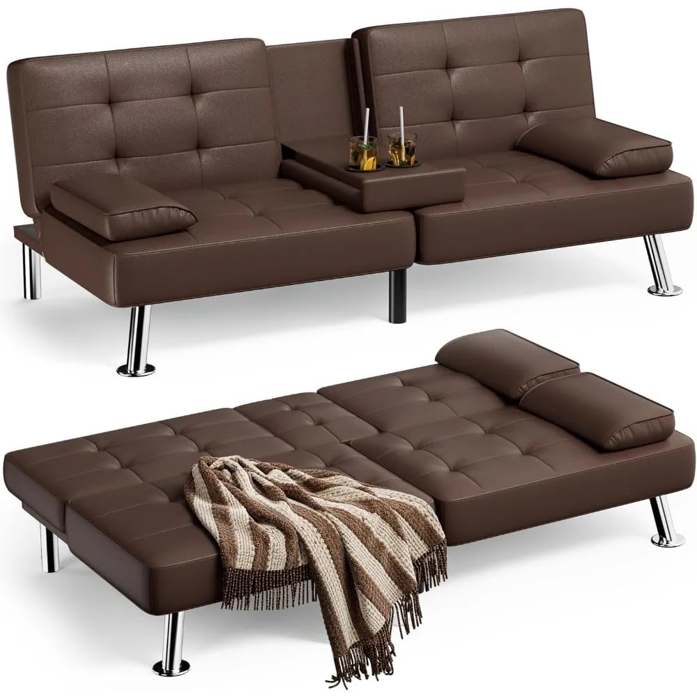 Generic NEW Mr Bedroom Modern Sofa Bed Folding Futon Set Faux Leather Convertible Recliner Lounge for Living Room with 2 Cup Holders, Removable Armrests (Faux Leather, Brown), 3256806216303300