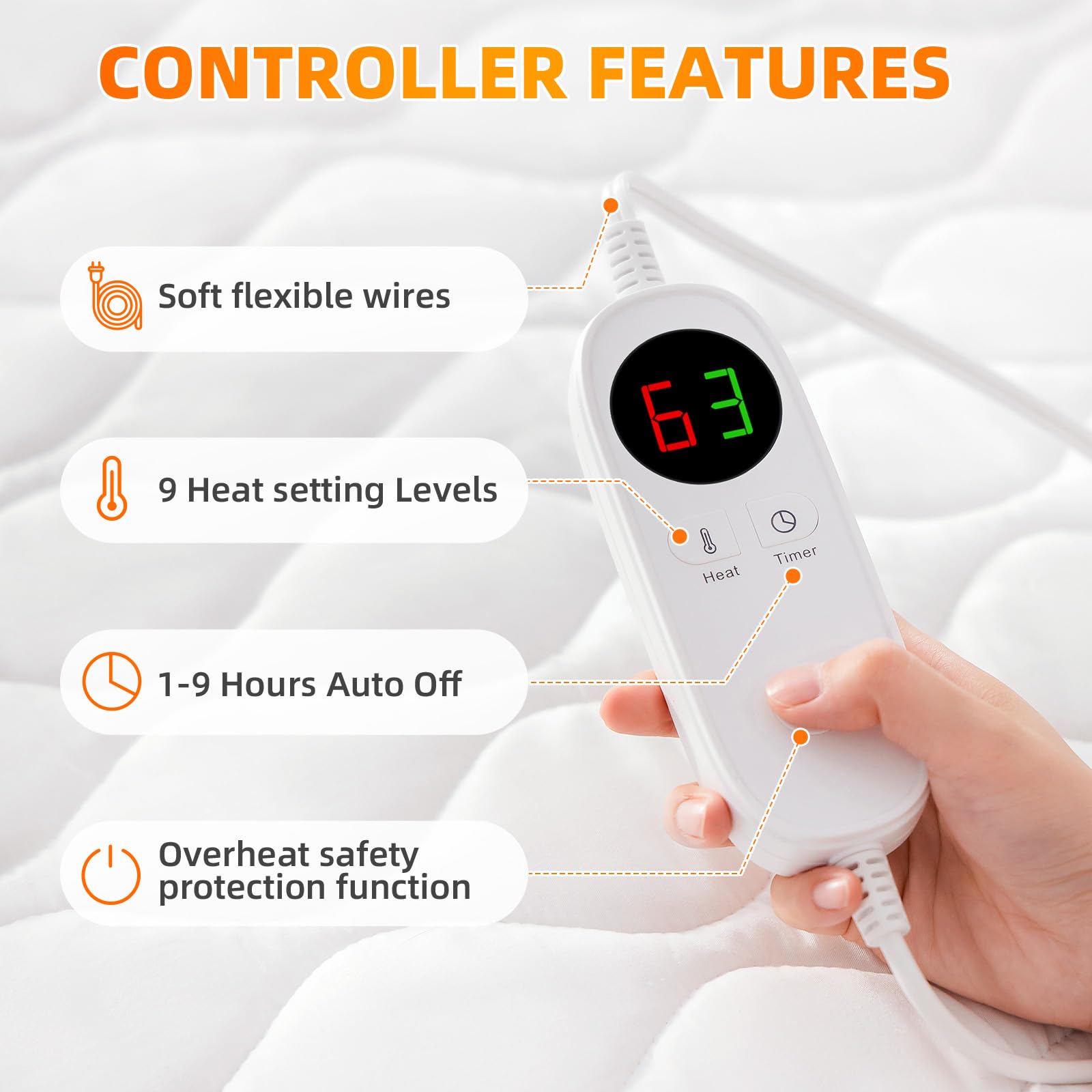 Heated Mattress Pad Queen Size Quilted Electric Mattress Pad with 9 Heat Settings Controller Electric Bed Warmer Fit Up to 21 Inch