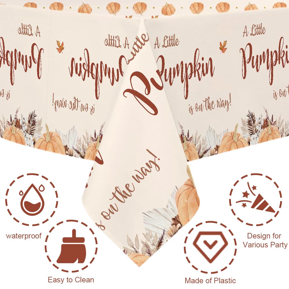 MEHOFOND Fall Boho Little Pumpkin Baby Shower Party Plastic Tablecloth Autumn Disposable Party Tablecloths A Little Pumpkin is on The Way Pumpkin Thanksgiving Party Decorations Tablecloth 3 PCS