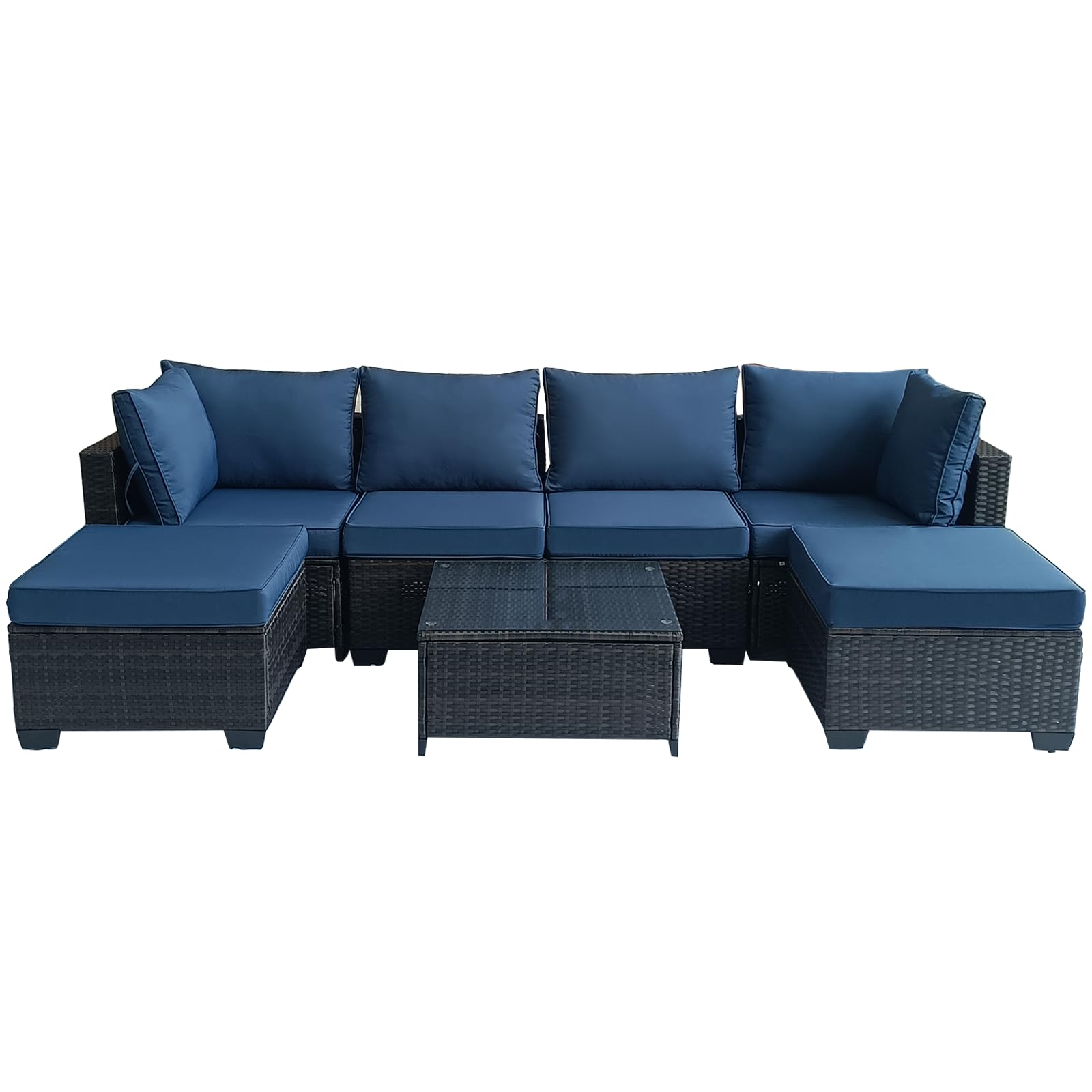 7-Piece Outdoor Furniture Patio Rattan Sectional Set with Wicker Conversation Sofas,Include Cushions, Coffee Table,Easy to Assemble,Perfect for Backyard, Porch, Garden, and Balcony (Brown-Dark Blue)