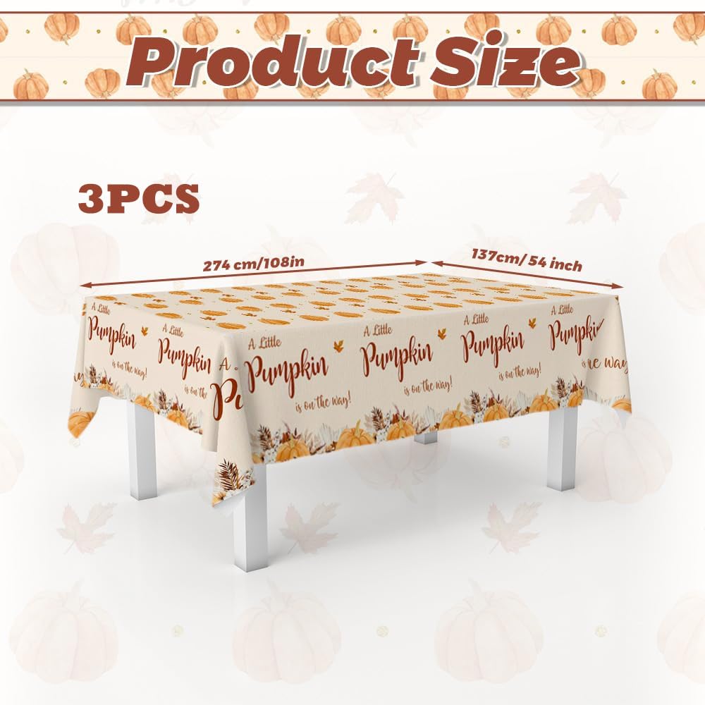 MEHOFOND Fall Boho Little Pumpkin Baby Shower Party Plastic Tablecloth Autumn Disposable Party Tablecloths A Little Pumpkin is on The Way Pumpkin Thanksgiving Party Decorations Tablecloth 3 PCS