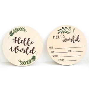 2 pack baby announcement sign, 5.9 inch wooden hello world newborn sign, double-sided pattern birth announcement signs for photo props baby shower hospital nursery