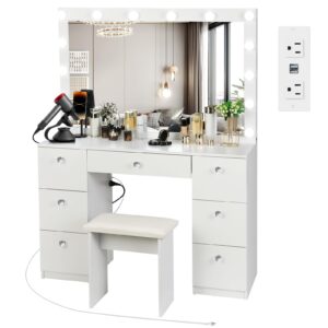 SMOOL Vanity with Lighted Mirror, Makeup Vanity Desk with Power Outlet and LED Bulbs, 3 Color Lighting Modes Adjustable Brightness, 7 Drawers Vanity Table with Cushioned Stool for Bedroom, White